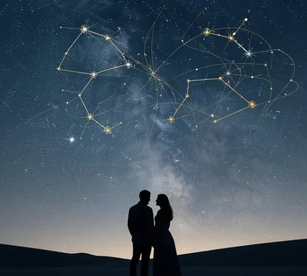 Coppia sotto un cielo stellato con costellazioni intrecciate che rappresentano la sinastria astrologica