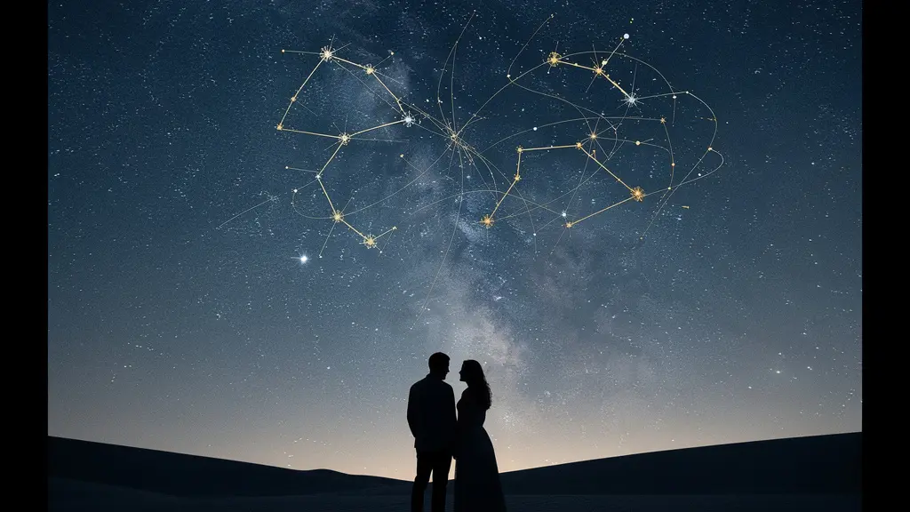 Coppia sotto un cielo stellato con costellazioni intrecciate che rappresentano la sinastria astrologica