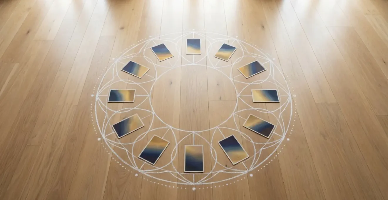 Cerchio zodiacale con carte tarocchi disposte in corrispondenza dei segni