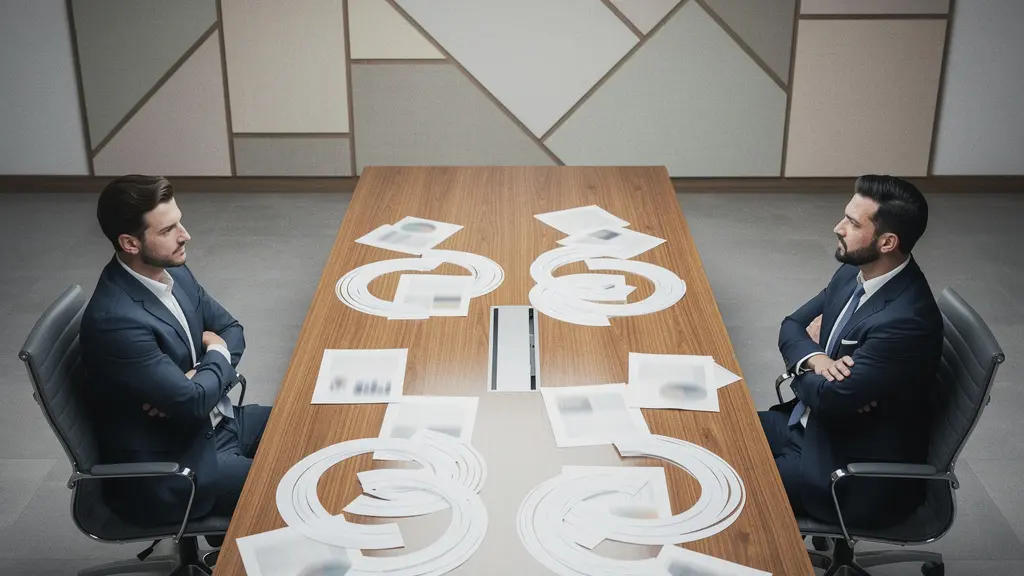 Due professionisti con posture speculari in disaccordo durante una riunione