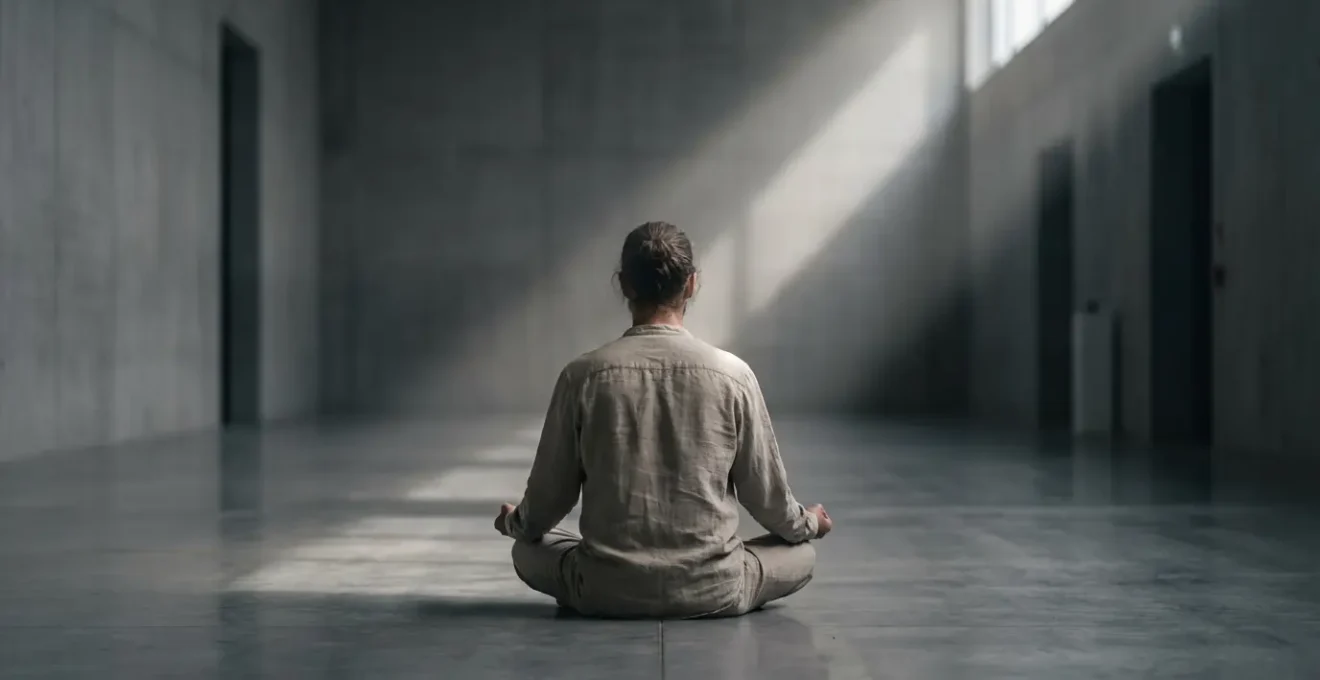 Figura solitaria seduta in spazio vuoto con gioco di luci e ombre