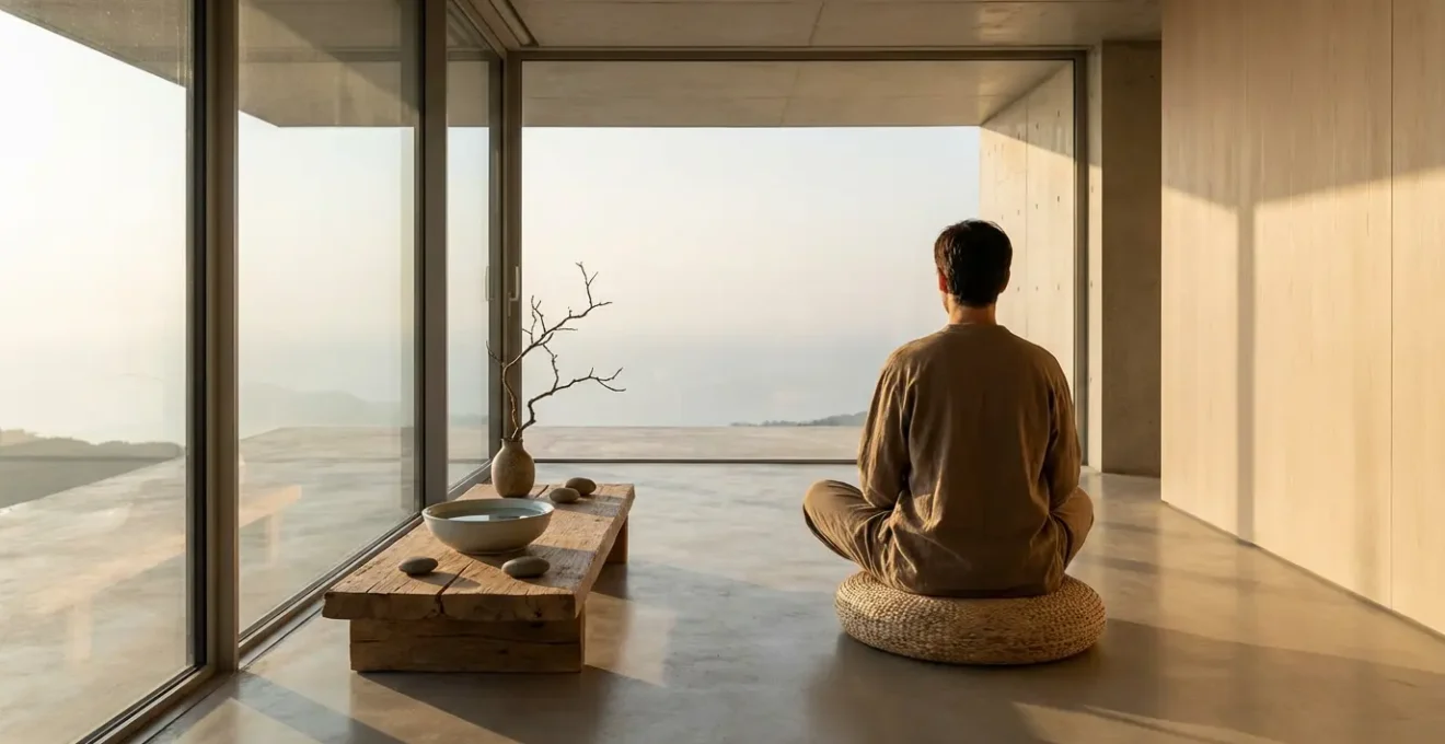 Persona in meditazione contemplativa in ambiente minimalista con elementi naturali