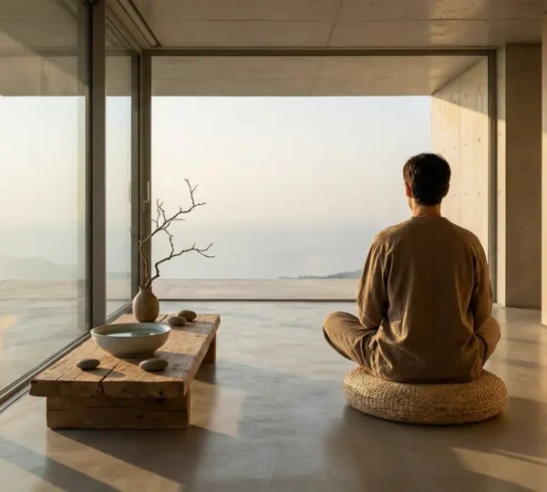 Persona in meditazione contemplativa in ambiente minimalista con elementi naturali