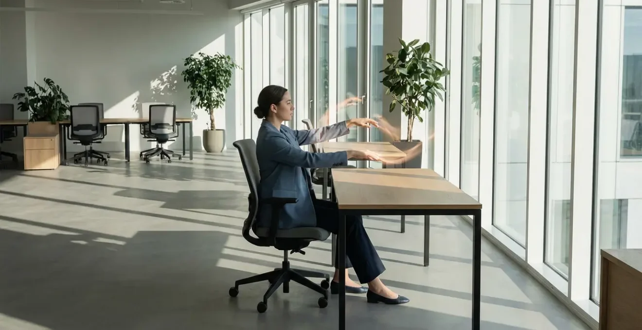 Persona seduta alla scrivania che pratica esercizi energetici con aura luminosa