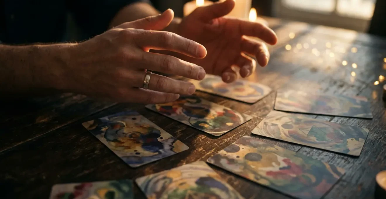 Lettura dei tarocchi per l'amore con carte disposte sul tavolo e mani che le interpretano