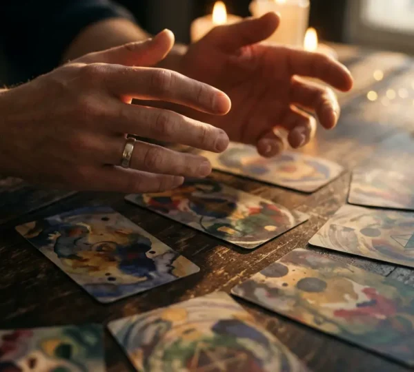 Lettura dei tarocchi per l'amore con carte disposte sul tavolo e mani che le interpretano