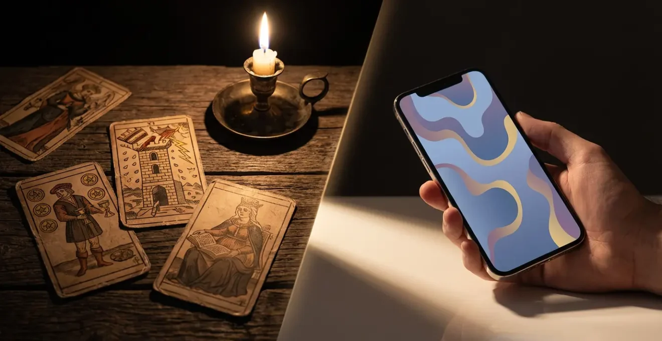 Contrasto tra tarocchi di Marsiglia tradizionali e smartphone moderno