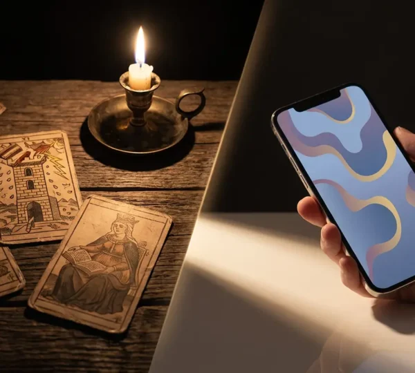 Contrasto tra tarocchi di Marsiglia tradizionali e smartphone moderno