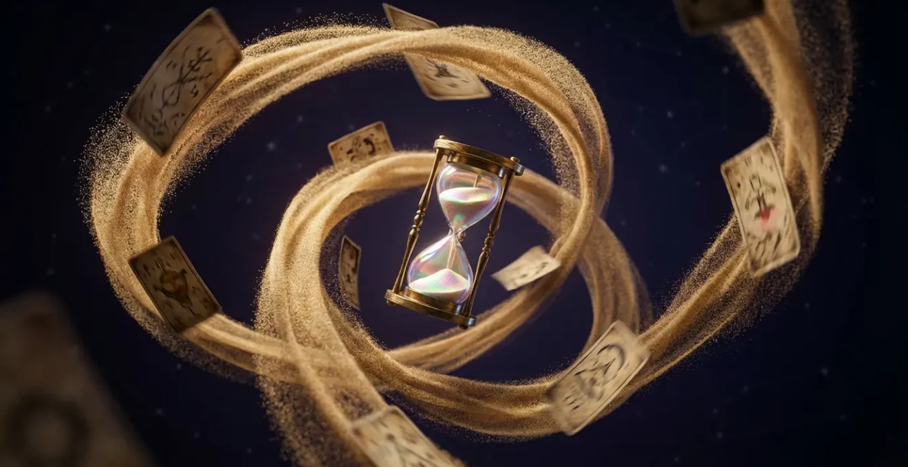 Spirale temporale mistica con carte dei tarocchi che fluttuano tra dimensioni temporali diverse