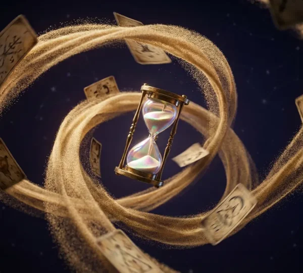 Spirale temporale mistica con carte dei tarocchi che fluttuano tra dimensioni temporali diverse