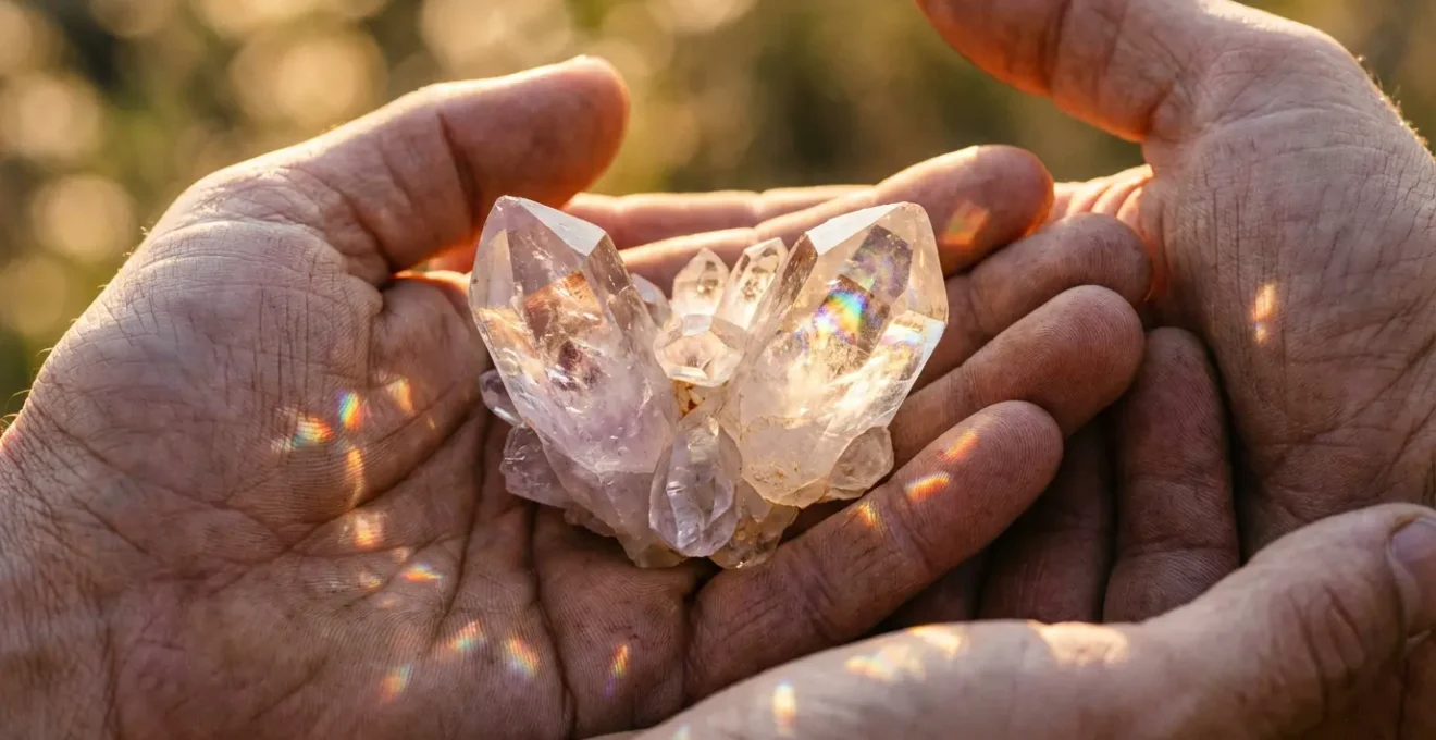 Mani che tengono cristalli con riflessi luminosi e pattern geometrici sacri