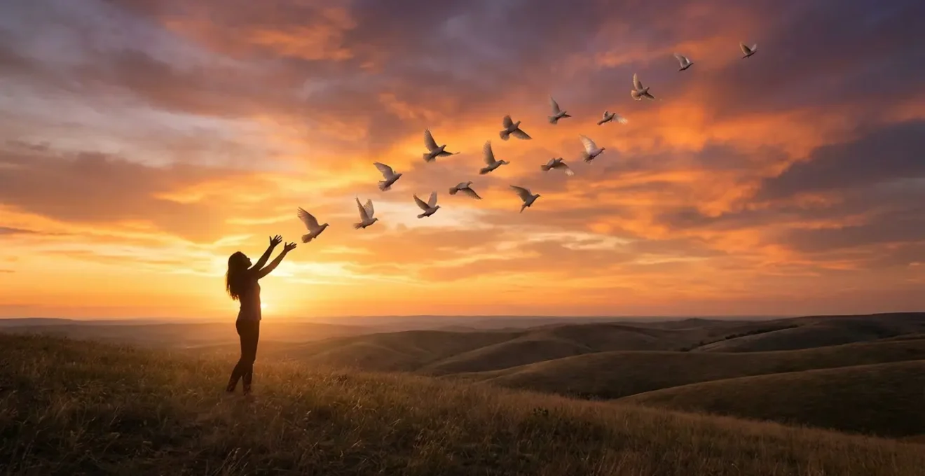 Silhouette umana che rilascia colombe bianche verso un cielo luminoso al tramonto