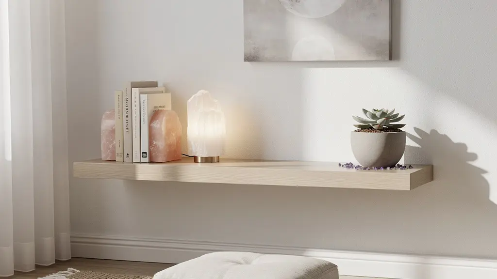 Angolo zen minimalista con cristalli integrati nell'arredamento moderno Angolo zen minimalista con cristalli integrati nell'arredamento moderno